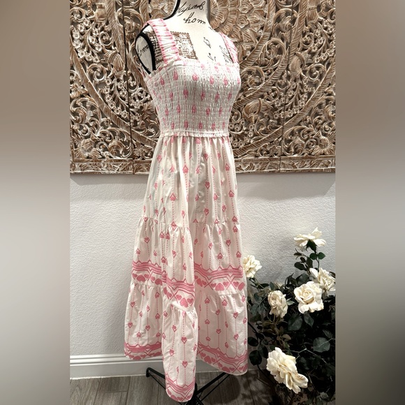 Umgee White & Pink Smocked Top Tiered Skirt Embroidered Heart Detail Maxi Dress - Picture 3 of 15